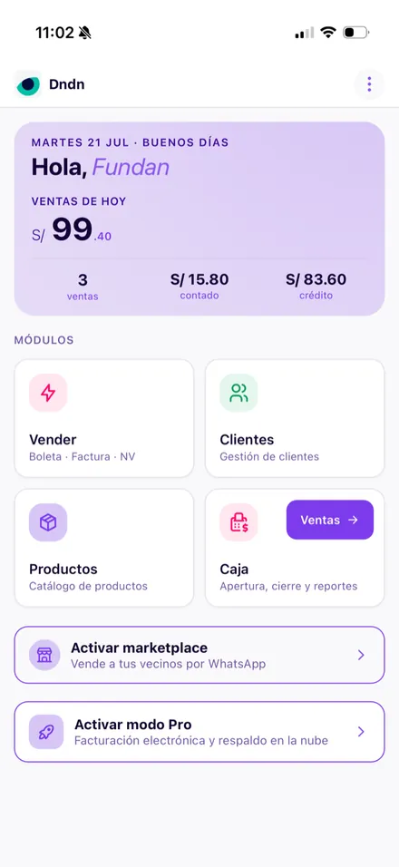 Inicio de la app con el tema Púrpura en modo claro