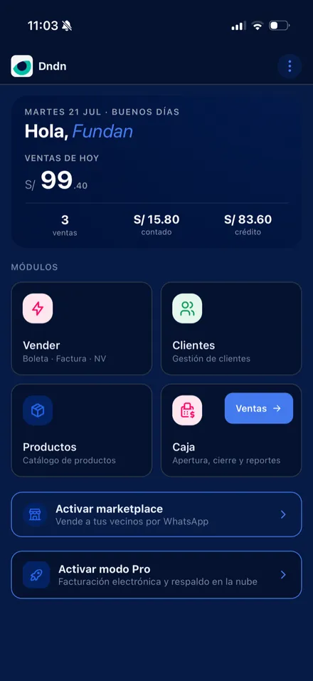 Inicio de la app con el tema Azul en modo oscuro