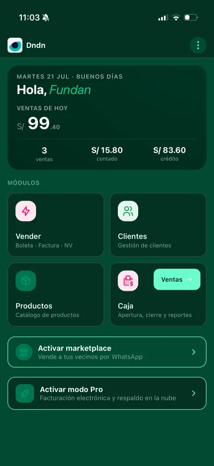 Inicio de la app con el tema Esmeralda en modo oscuro