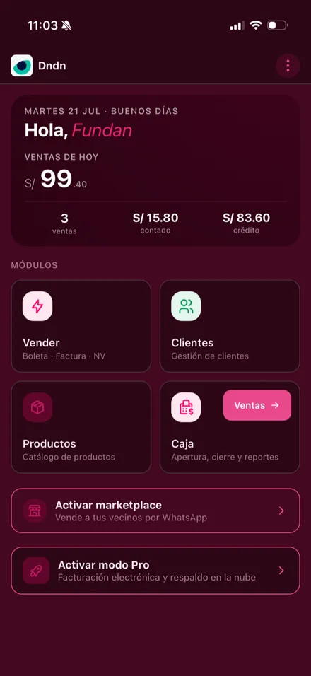Inicio de la app con el tema Rosa en modo oscuro