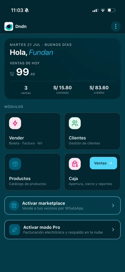 Inicio de la app con el tema Teal en modo oscuro