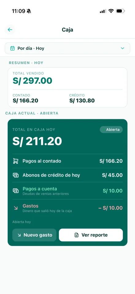 Caja del día con el monto actual, pagos al contado, abonos y gastos