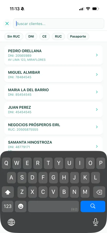 Buscador de clientes por nombre, RUC, DNI o carnet de extranjería