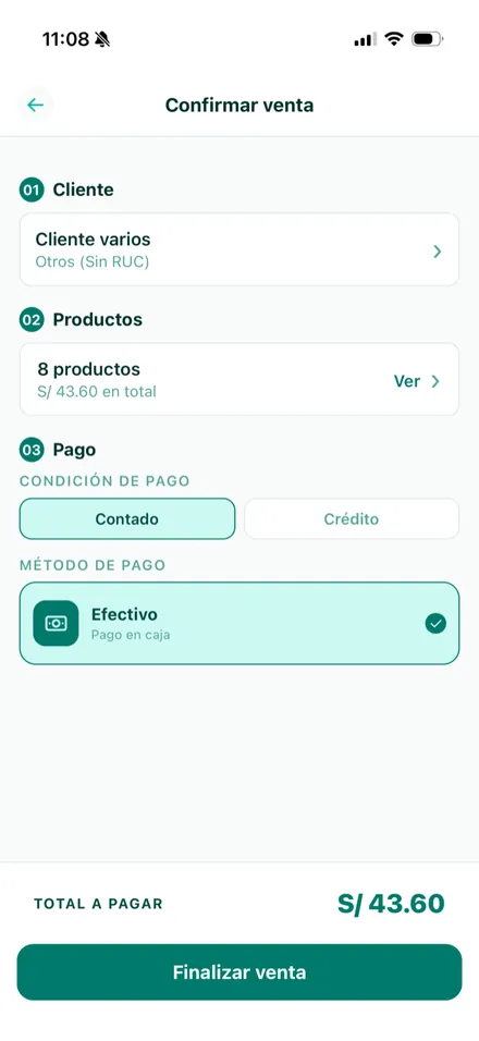Confirmación de venta al contado con los métodos de pago disponibles
