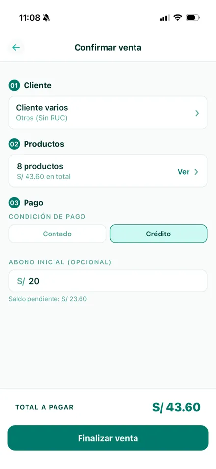 Venta al crédito con abono inicial opcional y total a pagar