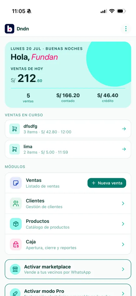 Pantalla de inicio de la App 4.0 en modo claro, con el saludo, las ventas del día y los módulos