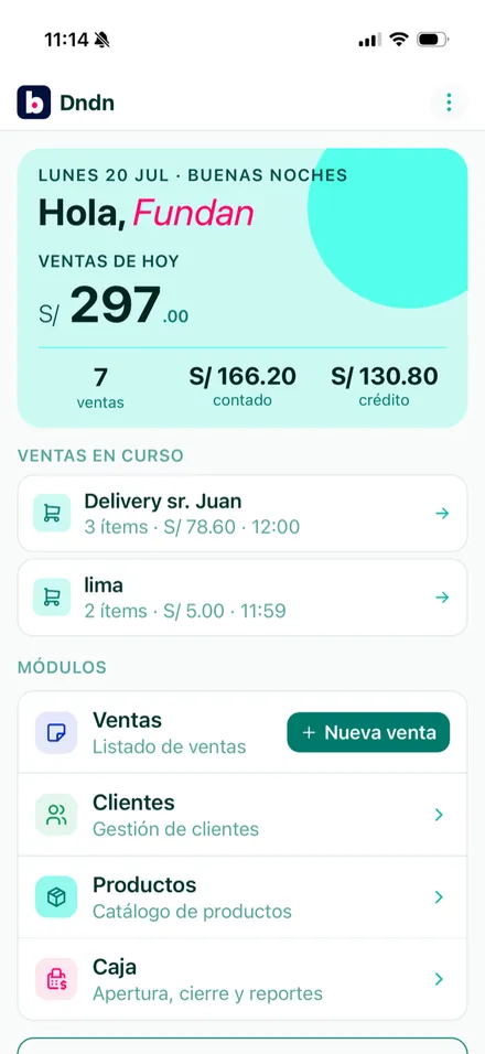 Inicio de la app con una venta en curso pendiente de continuar