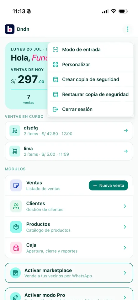Menú de opciones con modo de entrada, copia de seguridad y restauración