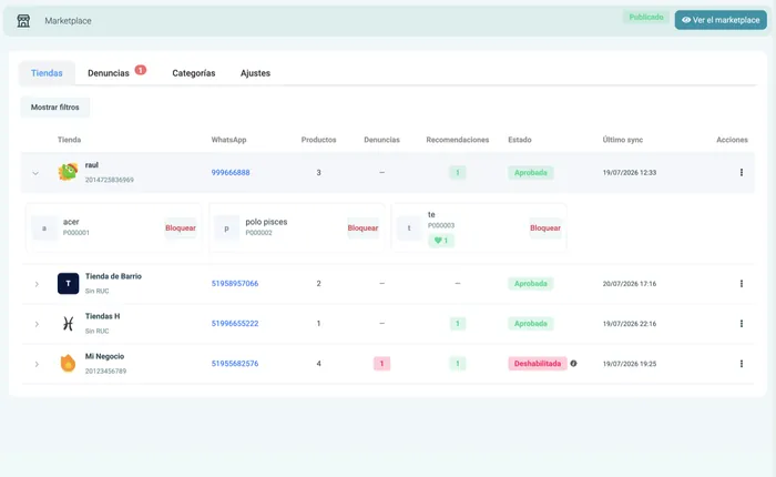 Panel de administración del marketplace con tiendas y categorías