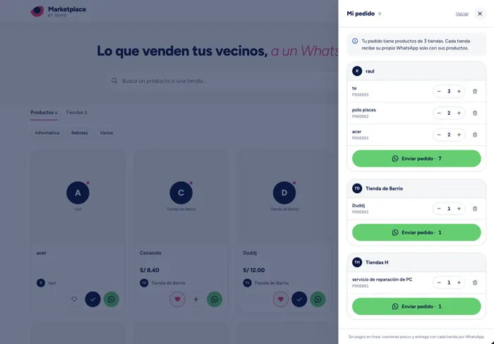 Pedido multi-tienda antes de enviarse por WhatsApp a cada negocio