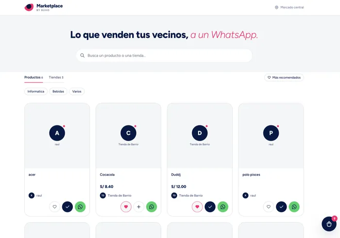 Portada del marketplace vecinal con las tiendas de la comunidad