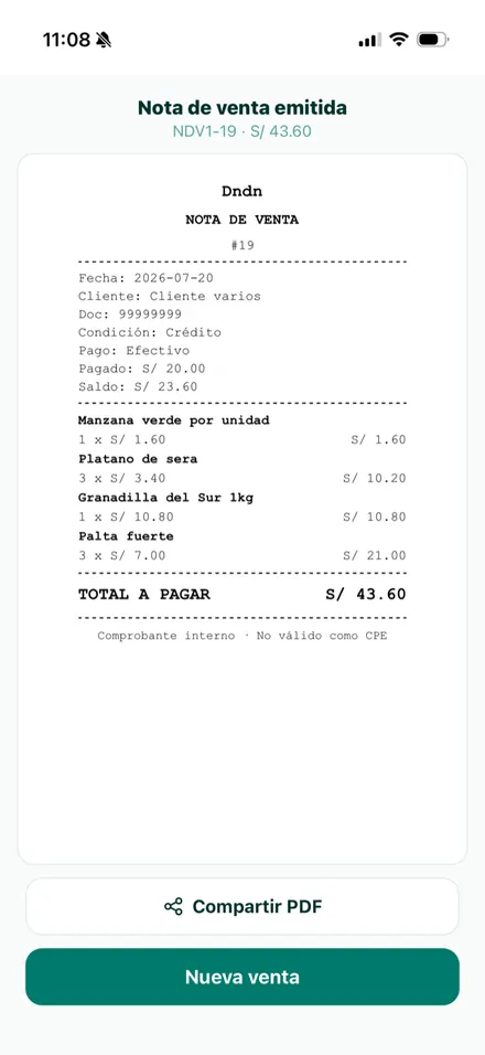 Nota de venta emitida con numeración correlativa y opciones de compartir