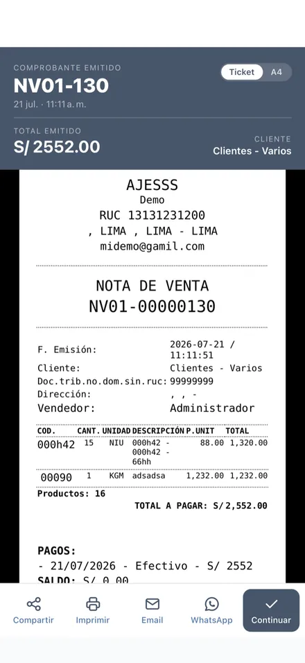Vista de una nota de venta emitida con el detalle y el total