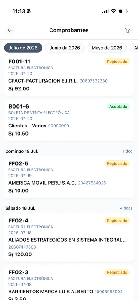 Listado de comprobantes electrónicos emitidos con su estado de aceptación