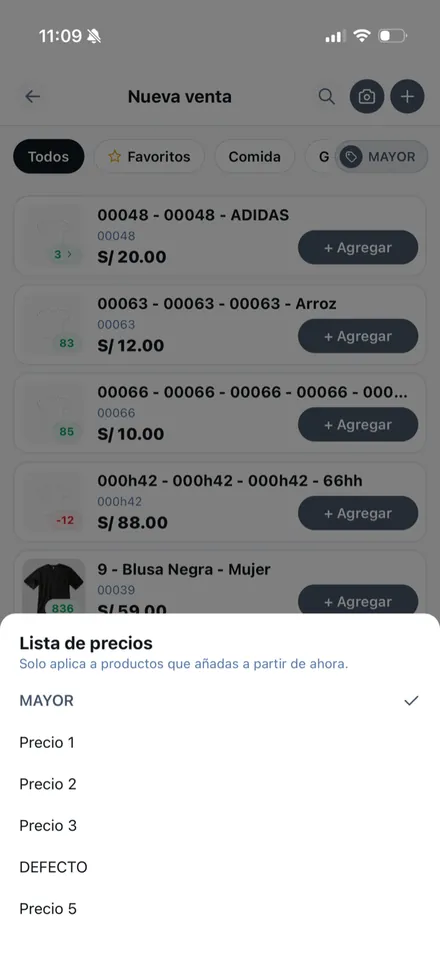 Selector de lista de precios con varios niveles
