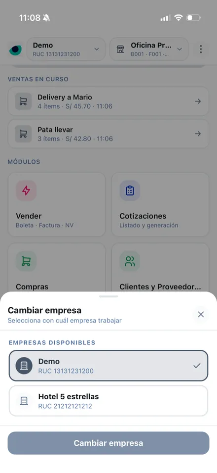 Selector de empresa en la Versión Pro, con varias empresas disponibles