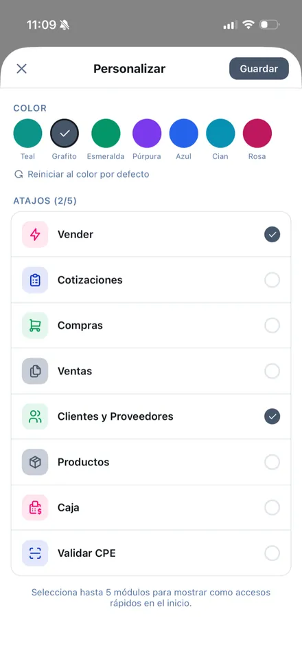Panel Personalizar de la app con la paleta de colores y los módulos visibles