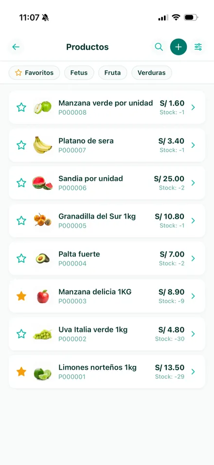 Catálogo de productos con foto, precio y favoritos