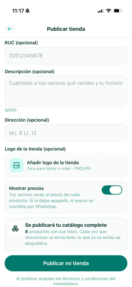 Pantalla de la app para publicar la tienda con RUC opcional, dirección y logo