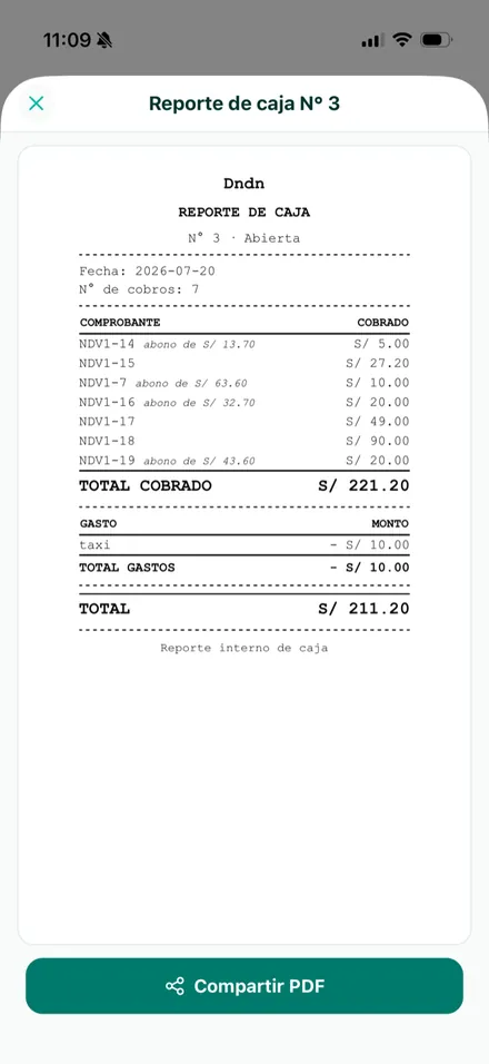 Reporte de caja en formato ticket, listo para compartir en PDF