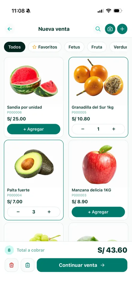 Nueva venta en la App 4.0 con el catálogo en grilla y el total a cobrar