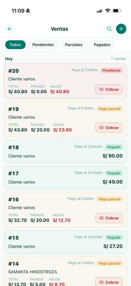 Listado de ventas con estado pagado, pendiente y botón de cobrar