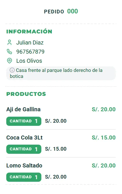 Ticket del pedido 000 con los datos del cliente, la referencia de entrega y los tres productos con su cantidad
