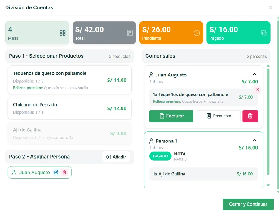 División de cuentas de la mesa 4: total S/ 42.00, pendiente S/ 26.00, pagado S/ 16.00, con los productos asignados a Juan Augusto y a Persona 1