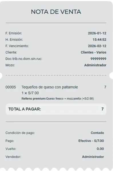 Ticket emitido con fecha, hora, cliente, mozo, el detalle del plato con su relleno premium y el total a pagar