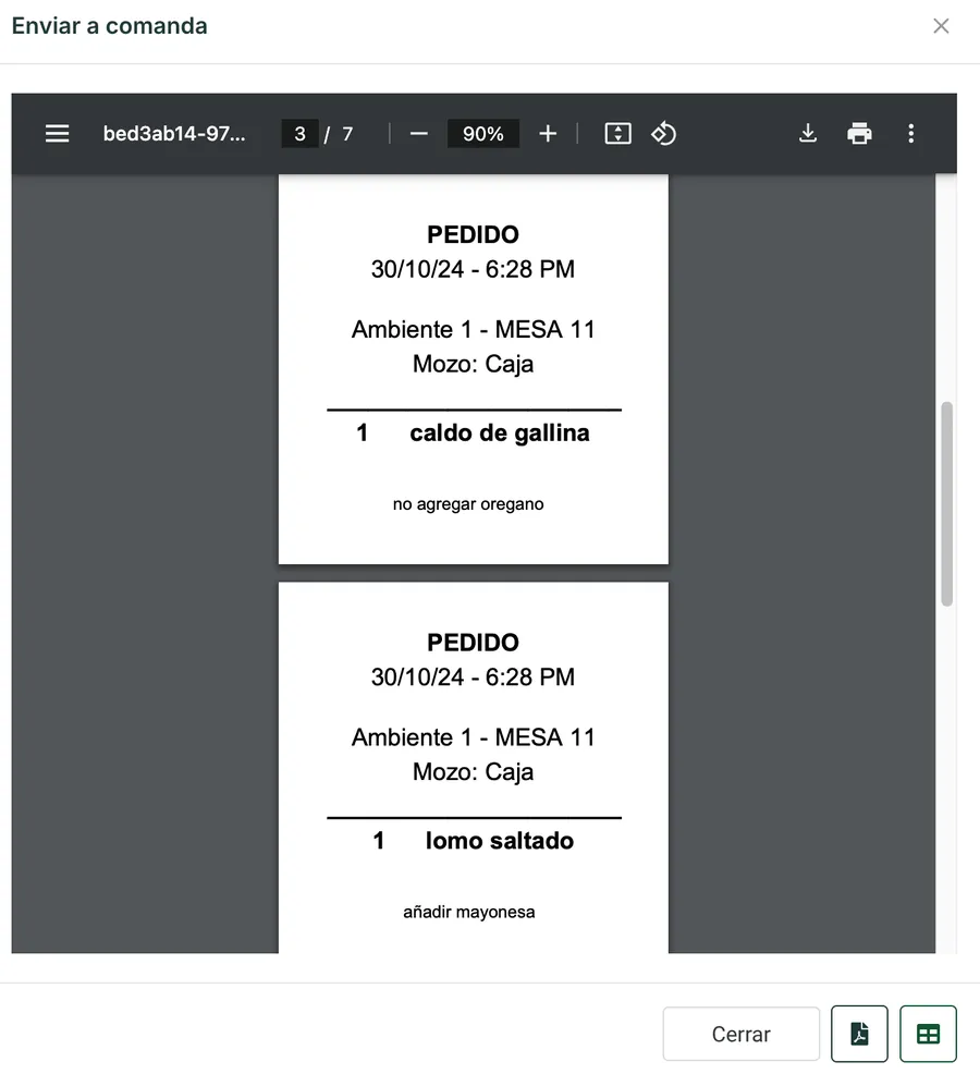 Vista previa de impresión con siete comandas, cada una con la mesa, el mozo, el plato y la indicación no agregar oregano
