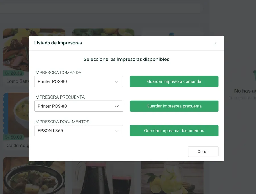 Listado de impresoras con tres selectores: impresora de comanda, de precuenta y de documentos, cada una con su botón de guardar