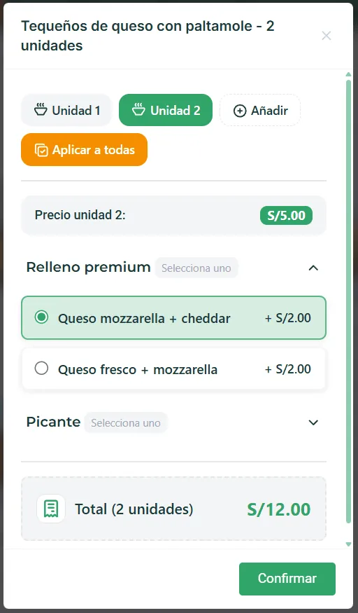 Ventana de dos unidades de tequeños con las pestañas Unidad 1 y Unidad 2, el precio de la unidad y las opciones Relleno premium y Picante