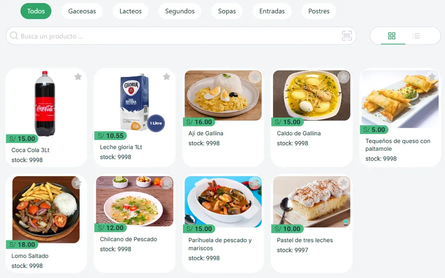 Catálogo con foto, precio y stock de cada producto, filtrado por Gaseosas, Lácteos, Segundos, Sopas, Entradas y Postres