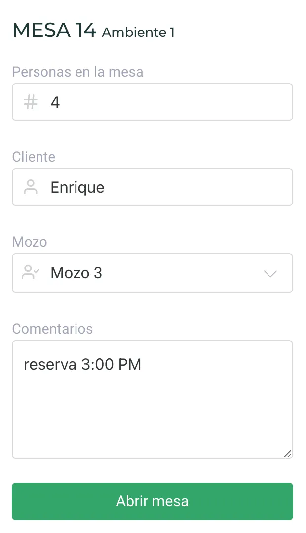Panel de la mesa 14 con cuatro personas, cliente Enrique, Mozo 3 y el comentario reserva 3:00 PM