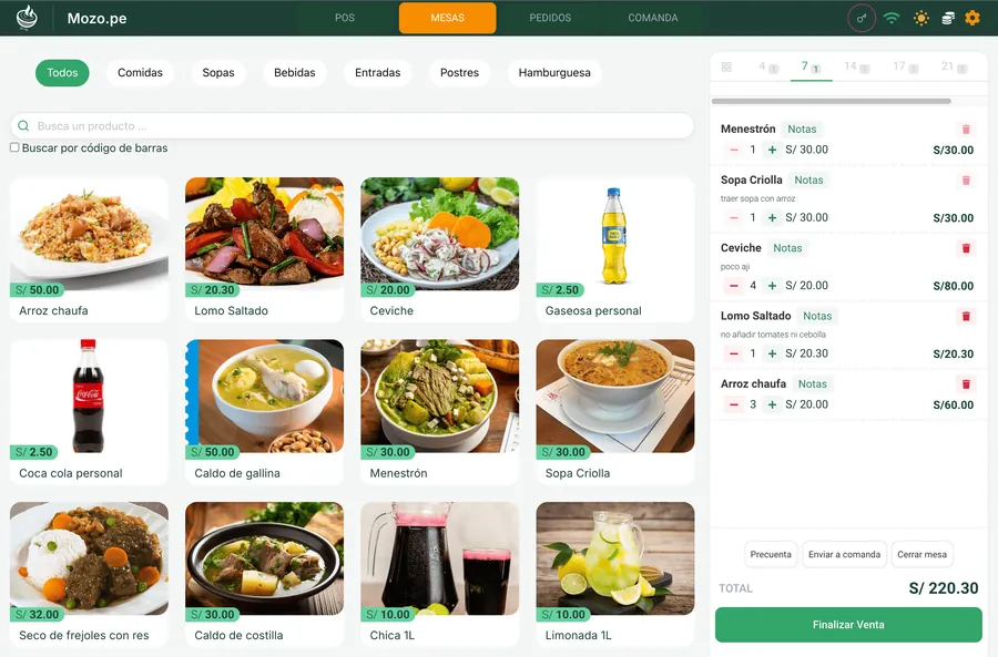 Punto de venta de POS Restaurantes con la carta en fotos, las pestañas de las mesas 4, 7, 14, 17 y 21 abiertas a la vez y el detalle con notas por plato