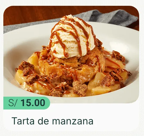 Ficha de la tarta de manzana con su foto y el precio S/ 15.00 sobre la imagen