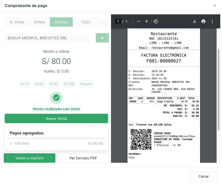 Cobro con la pestaña Boleta activa y la vista previa del documento a la derecha