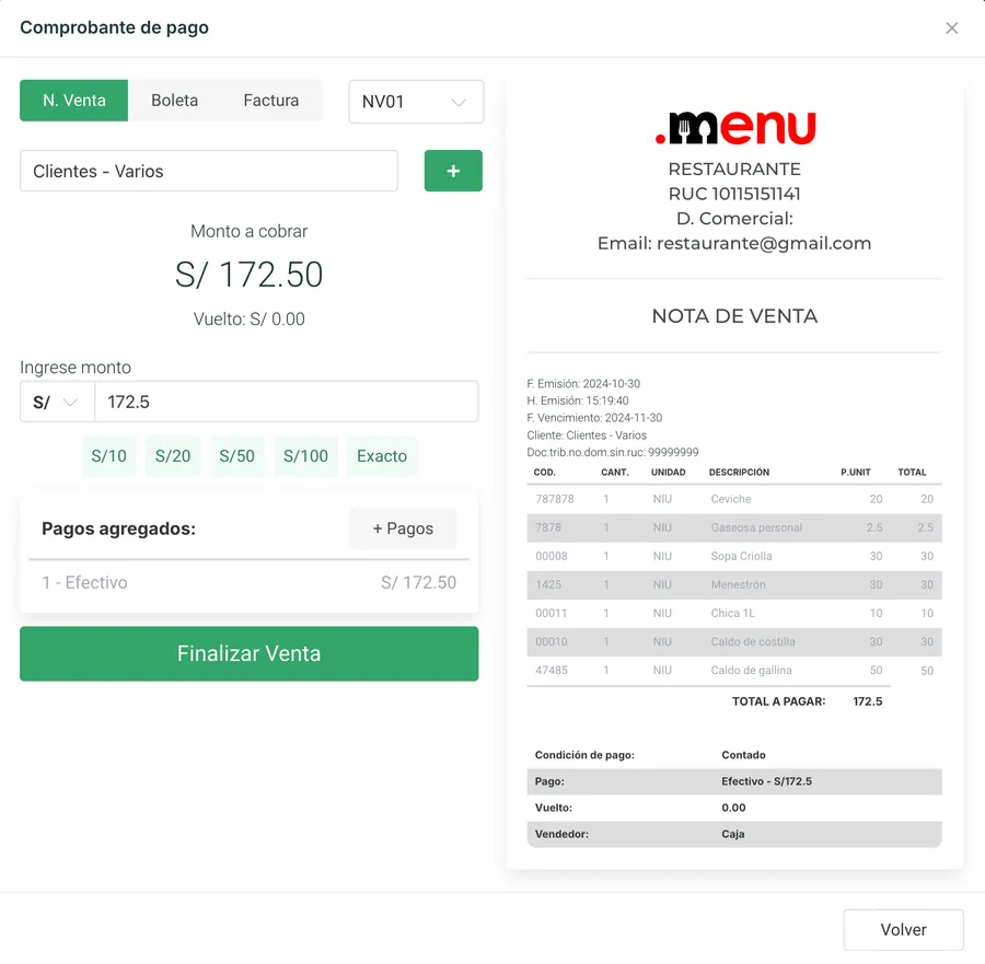 Pantalla de cobro con el monto a cobrar, los botones de billetes, la lista de pagos agregados y la vista previa del documento