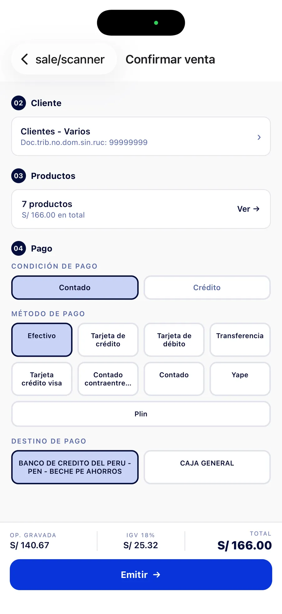 Confirmación de venta en la app Fastura con método de pago y total