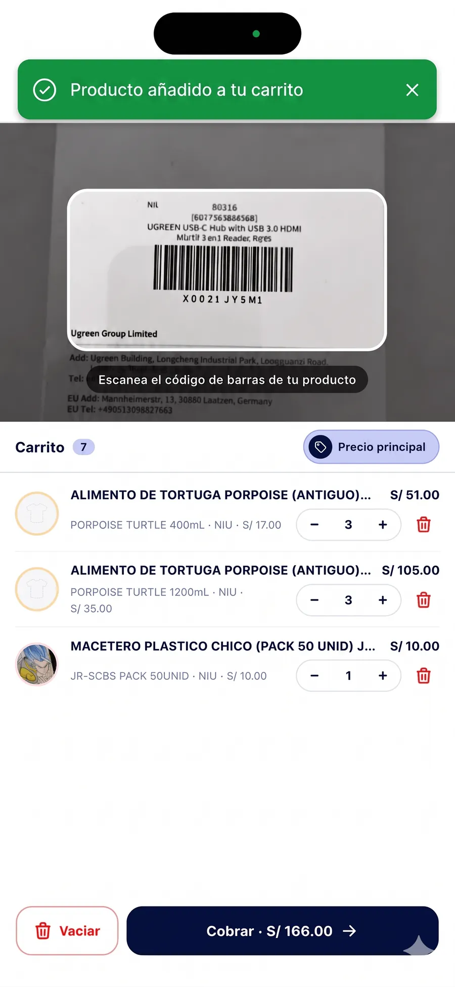 Pantalla de la app Fastura escaneando un código de barras y añadiendo el producto al carrito