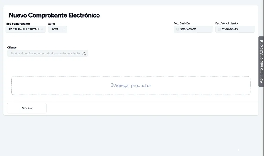 Formulario de nuevo comprobante electrónico con los campos esenciales