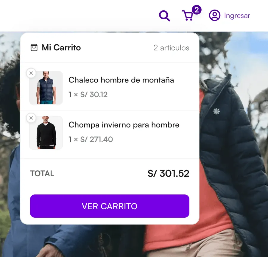 Carrito de la tienda virtual con dos productos y el total antes de pagar
