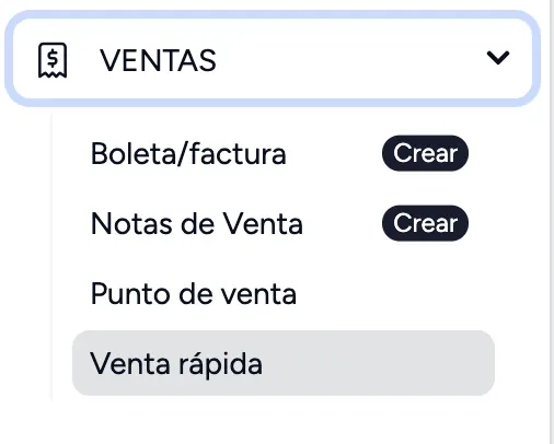 Menú de Ventas del facturador con la opción Venta rápida seleccionada