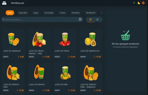 POS Retail en modo oscuro con jugos de naranja, fresa, papaya y maracuyá, cada uno con su código y precio