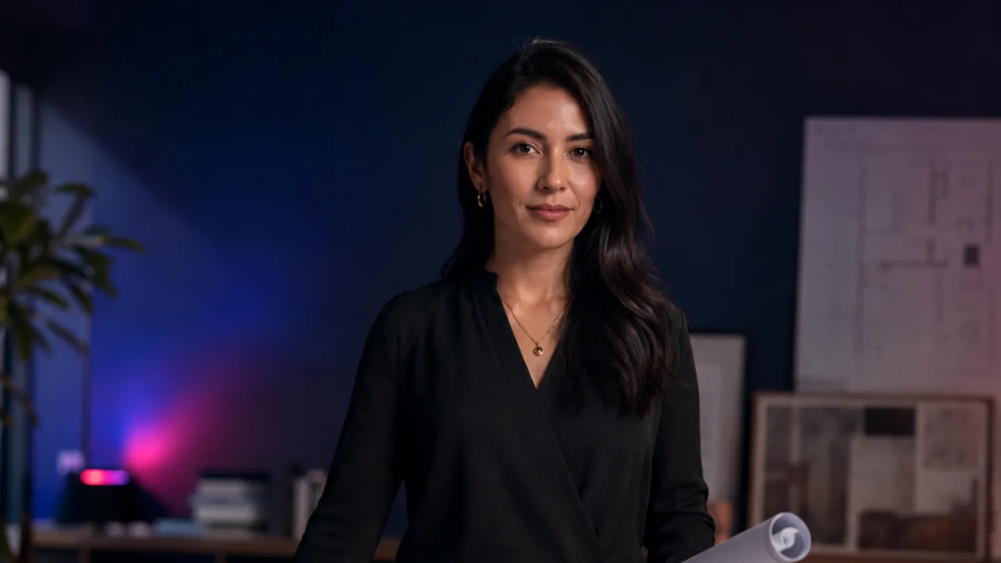 Due&ntilde;a de un estudio revisando el nombre de su marca en la laptop
