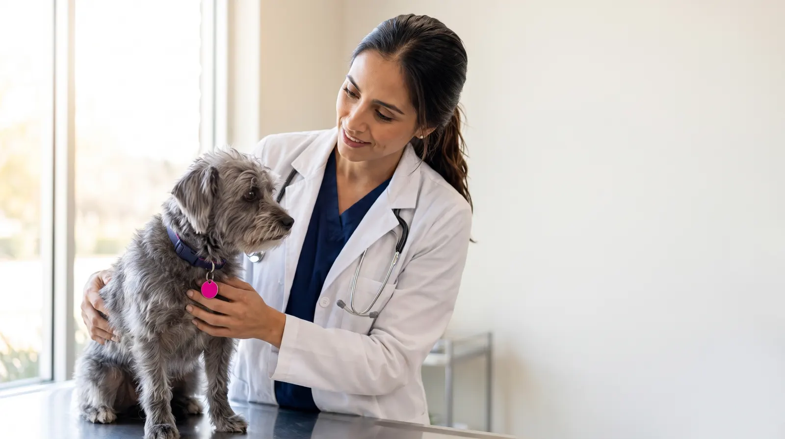 Veterinaria atendiendo a un perro