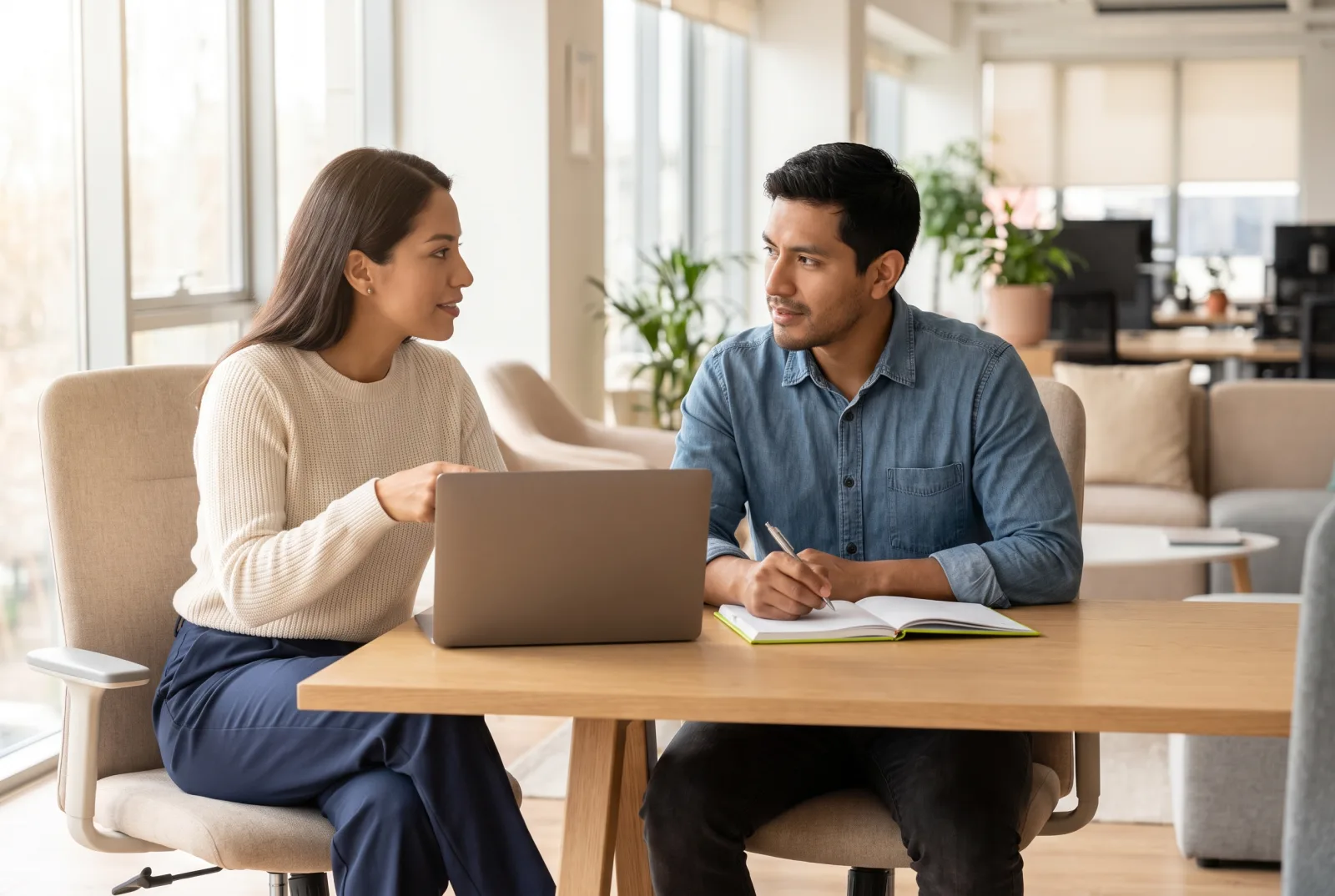 Dos personas revisando juntas la configuraci&oacute;n en una laptop