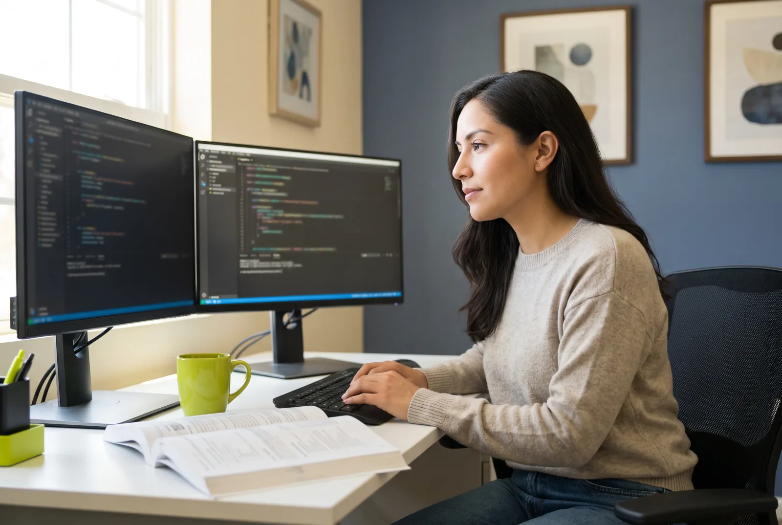 Ingeniera montando la plataforma en su escritorio, con el manual abierto al lado