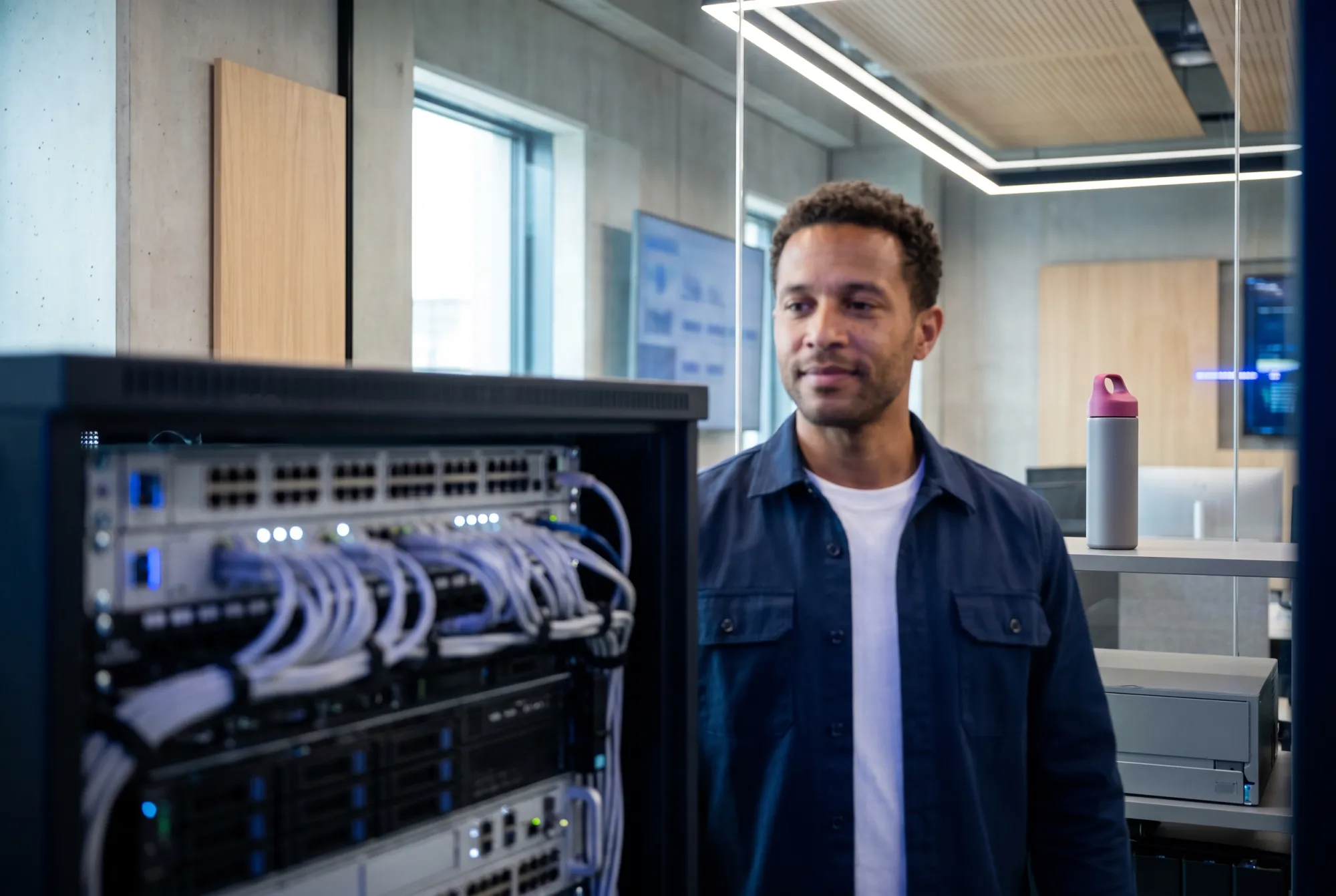Técnico revisando un rack de servidores
