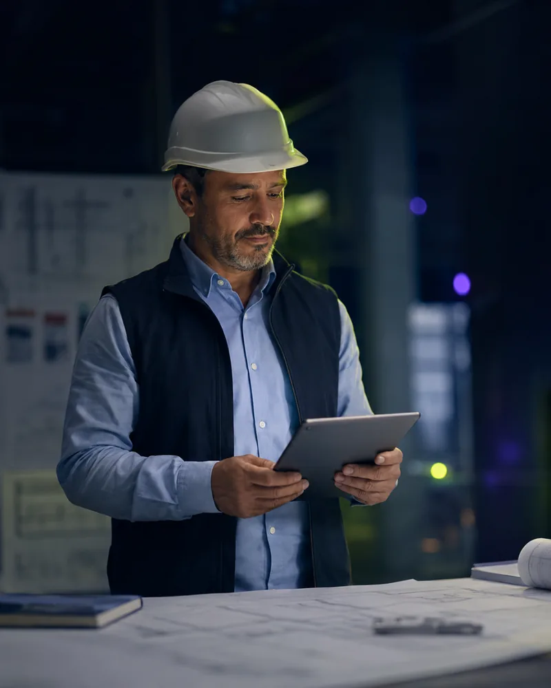 An engineer in a hard hat checking the deployment on a tablet